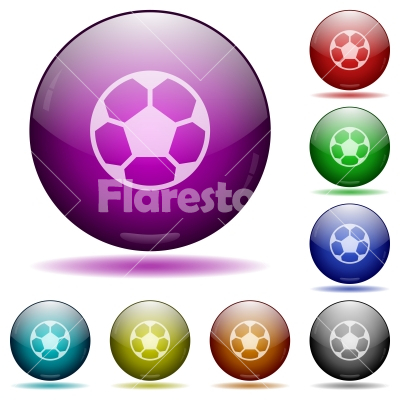 Soccer ball glass sphere buttons - Set of color soccer ball glass sphere buttons with shadows.