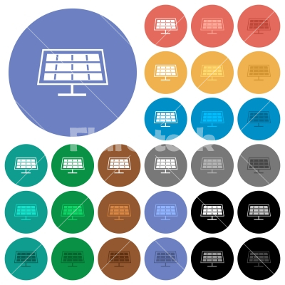 Solar panel round flat multi colored icons - Solar panel multi colored flat icons on round backgrounds. Included white, light and dark icon variations for hover and active status effects, and bonus shades on black backgounds.