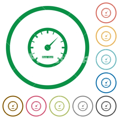 Speedometer outlined flat icons - Set of speedometer color round outlined flat icons on white background