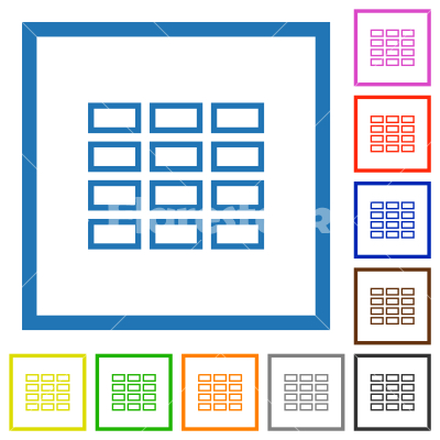 Spreadsheet table outline flat framed icons - Spreadsheet table outline flat color icons in square frames on white background