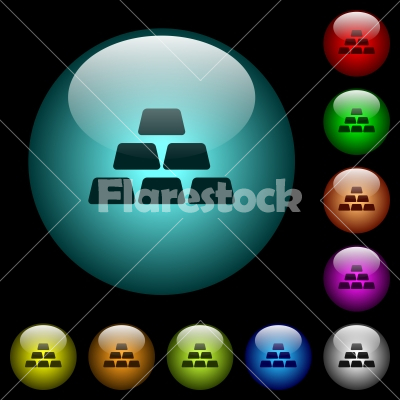 Stack of gold bars icons in color illuminated glass buttons - Stack of gold bars icons in color illuminated spherical glass buttons on black background. Can be used to black or dark templates