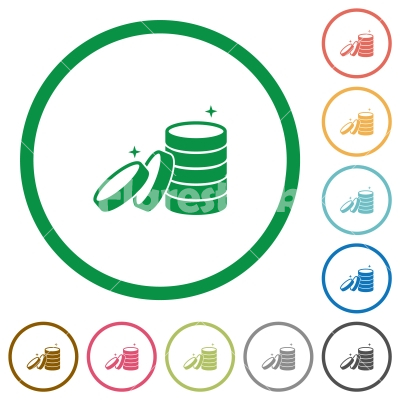 Stack of treasure flat icons with outlines - Stack of treasure flat color icons in round outlines on white background