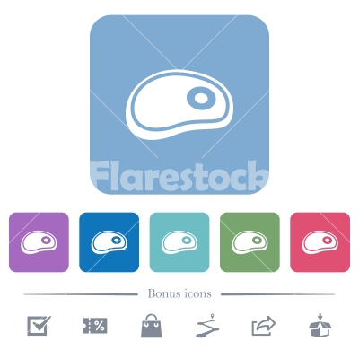 Steak flat icons on color rounded square backgrounds - Steak white flat icons on color rounded square backgrounds. 6 bonus icons included