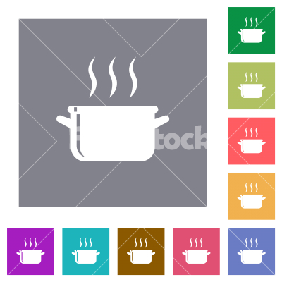 Steaming glossy pot square flat icons - Steaming glossy pot flat icons on simple color square backgrounds