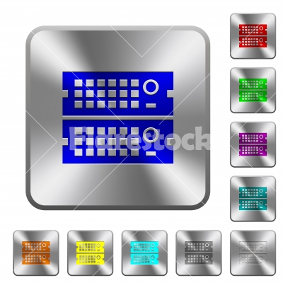 Steel rack servers buttons - Engraved rack servers icons on rounded square steel buttons - Free stock vector