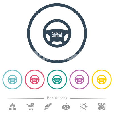 Steering wheel airbag flat color icons in round outlines - Steering wheel airbag flat color icons in round outlines. 6 bonus icons included.
