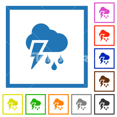 Stormy weather flat framed icons - Stormy weather flat color icons in square frames on white background