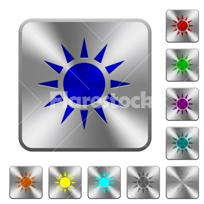 Sun rounded square steel buttons - Sun engraved icons on rounded square glossy steel buttons