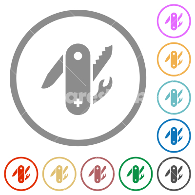 Swiss army knife flat icons with outlines - Swiss army knife flat color icons in round outlines on white background