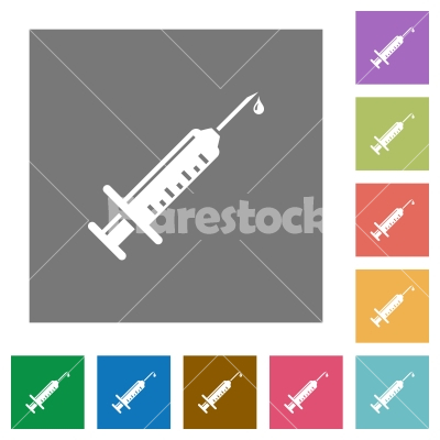 Syringe with drop square flat icons - Syringe with drop flat icons on simple color square backgrounds
