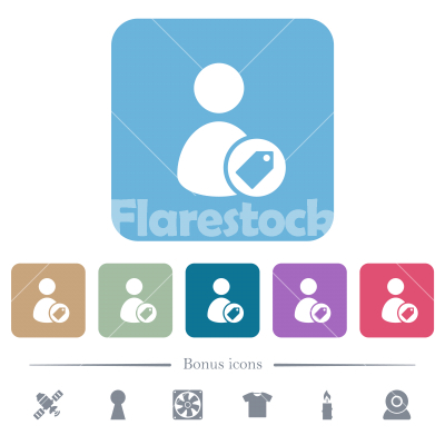 Tagging user flat icons on color rounded square backgrounds - Tagging user white flat icons on color rounded square backgrounds. 6 bonus icons included
