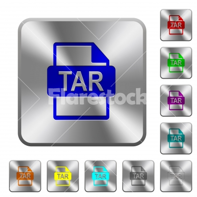 TAR file format rounded square steel buttons - TAR file format engraved icons on rounded square glossy steel buttons