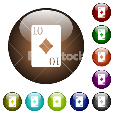 Ten of diamonds card color glass buttons - Ten of diamonds card white icons on round color glass buttons