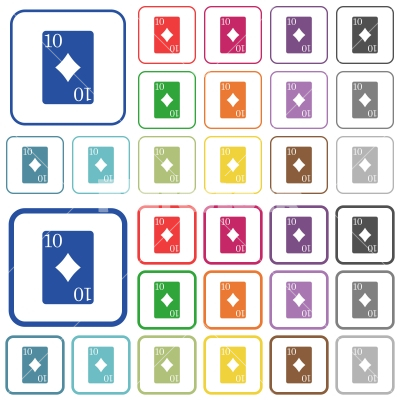 Ten of diamonds card outlined flat color icons - Ten of diamonds card color flat icons in rounded square frames. Thin and thick versions included.