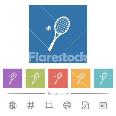 Tennis racket with ball flat white icons in square backgrounds - Tennis racket with ball flat white icons in square backgrounds. 6 bonus icons included.