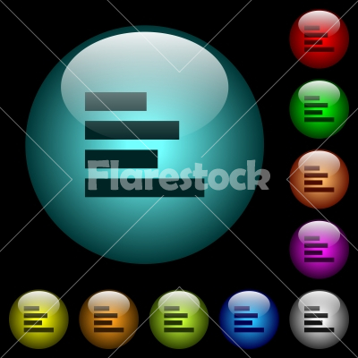 Text align left icons in color illuminated glass buttons - Text align left icons in color illuminated spherical glass buttons on black background. Can be used to black or dark templates