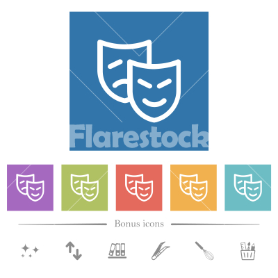 Theatrical masks outline flat white icons in square backgrounds - Theatrical masks outline flat white icons in square backgrounds. 6 bonus icons included.