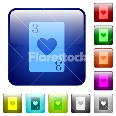Three of hearts card color square buttons - Three of hearts card icons in rounded square color glossy button set