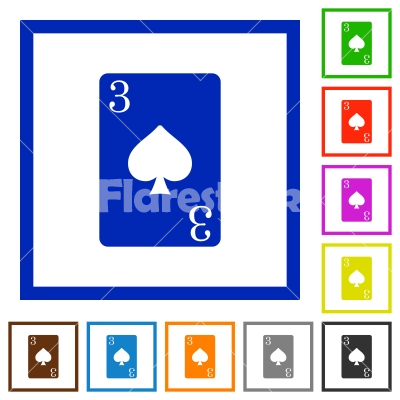 Three of spades card flat framed icons - Three of spades card flat color icons in square frames on white background