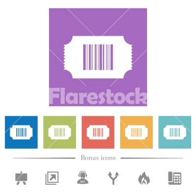 Ticket with barcode flat white icons in square backgrounds - Ticket with barcode flat white icons in square backgrounds. 6 bonus icons included.