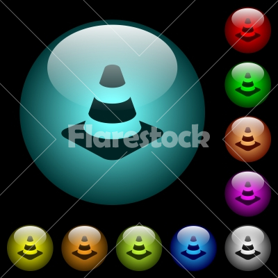 Traffic cone icons in color illuminated glass buttons - Traffic cone icons in color illuminated spherical glass buttons on black background. Can be used to black or dark templates