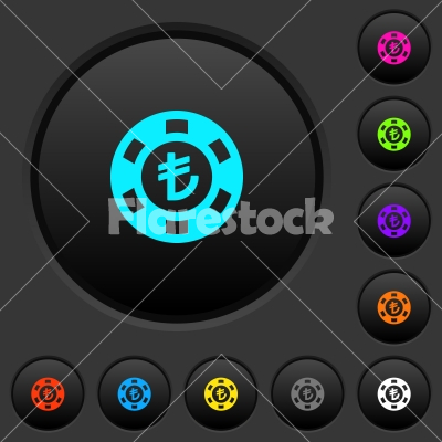 Turkish Lira casino chip dark push buttons with color icons - Turkish Lira casino chip dark push buttons with vivid color icons on dark grey background