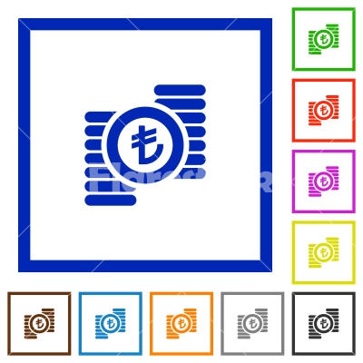 Turkish Lira coins framed flat icons - Set of color square framed Turkish Lira coins flat icons