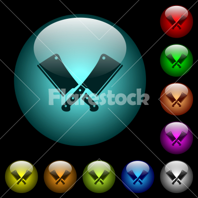 Two crossed meat cleavers icons in color illuminated glass buttons - Two crossed meat cleavers icons in color illuminated spherical glass buttons on black background. Can be used to black or dark templates