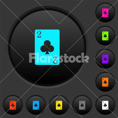 Two of clubs card dark push buttons with color icons - Two of clubs card dark push buttons with vivid color icons on dark grey background
