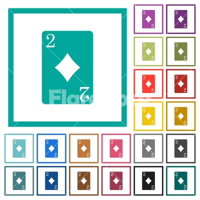 Two of diamonds card flat color icons with quadrant frames - Two of diamonds card flat color icons with quadrant frames on white background
