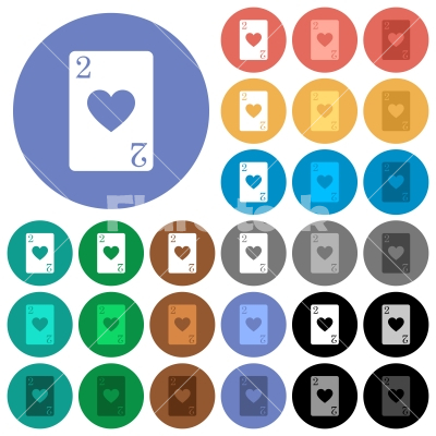 Two of hearts card round flat multi colored icons - Two of hearts card multi colored flat icons on round backgrounds. Included white, light and dark icon variations for hover and active status effects, and bonus shades on black backgounds.