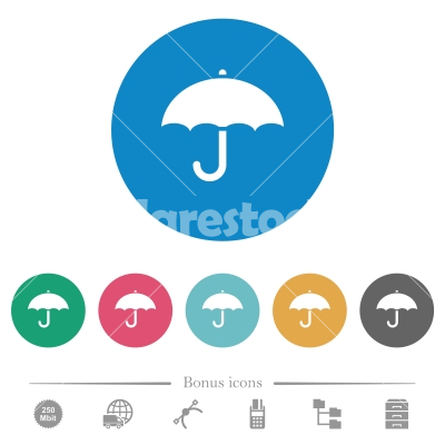 Umbrella flat round icons - Umbrella flat white icons on round color backgrounds. 6 bonus icons included.