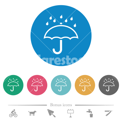 Umbrella with rain outline flat round icons - Umbrella with rain outline flat white icons on round color backgrounds. 6 bonus icons included.