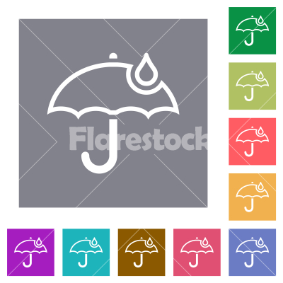 Umbrella with single raindrop outline square flat icons - Umbrella with single raindrop outline flat icons on simple color square backgrounds