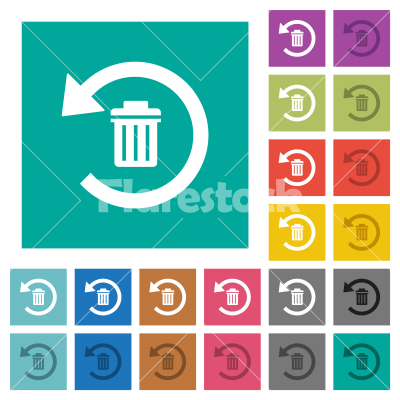 Undelete square flat multi colored icons - Undelete multi colored flat icons on plain square backgrounds. Included white and darker icon variations for hover or active effects.