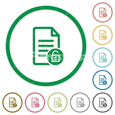 Unlock document flat icons with outlines - Unlock document flat color icons in round outlines on white background