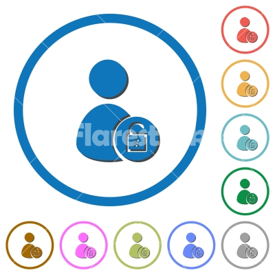 Unlock user account icons with shadows and outlines - Unlock user account flat color vector icons with shadows in round outlines on white background