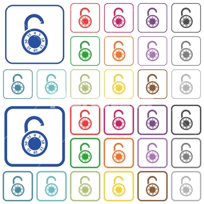 Unlocked round combination lock outlined flat color icons - Unlocked round combination lock color flat icons in rounded square frames. Thin and thick versions included.