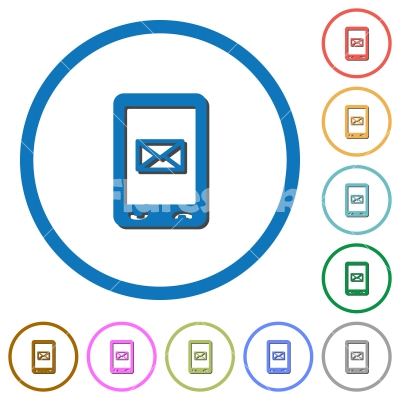 Unread SMS message icons with shadows and outlines - Unread SMS message flat color vector icons with shadows in round outlines on white background