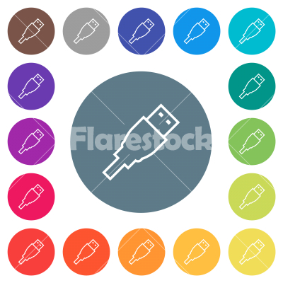 USB plug outline flat white icons on round color backgrounds - USB plug outline flat white icons on round color backgrounds. 17 background color variations are included.