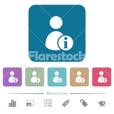 User account information flat icons on color rounded square backgrounds - User account information white flat icons on color rounded square backgrounds. 6 bonus icons included - Free stock vector