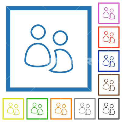 User group outline flat framed icons - User group outline flat color icons in square frames on white background