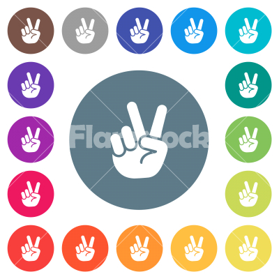 Victory sign hand gesture flat white icons on round color backgrounds - Victory sign hand gesture flat white icons on round color backgrounds. 17 background color variations are included.