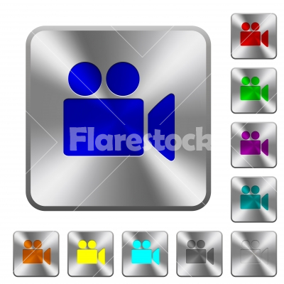 Video camera rounded square steel buttons - Video camera engraved icons on rounded square glossy steel buttons