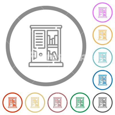 Vintage bookshelf outline flat icons with outlines - Vintage bookshelf outline flat color icons in round outlines on white background