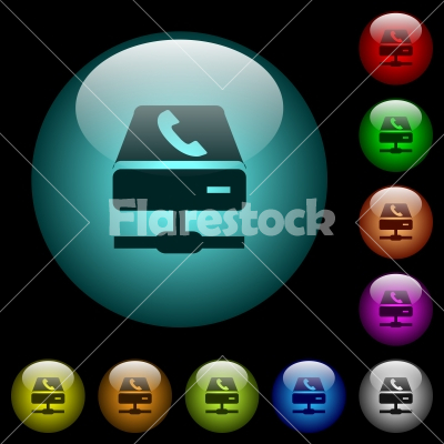 VoIP services icons in color illuminated glass buttons - VoIP services icons in color illuminated spherical glass buttons on black background. Can be used to black or dark templates