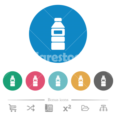 Water bottle with label flat round icons - Water bottle with label flat white icons on round color backgrounds. 6 bonus icons included.