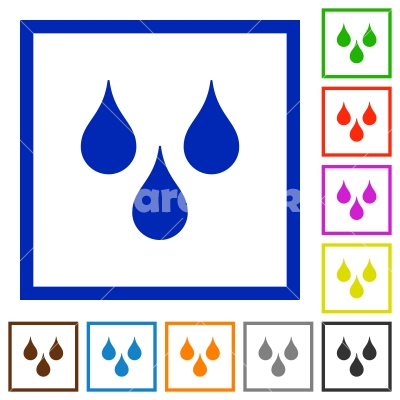 Water drops flat framed icons - Water drops flat color icons in square frames on white background
