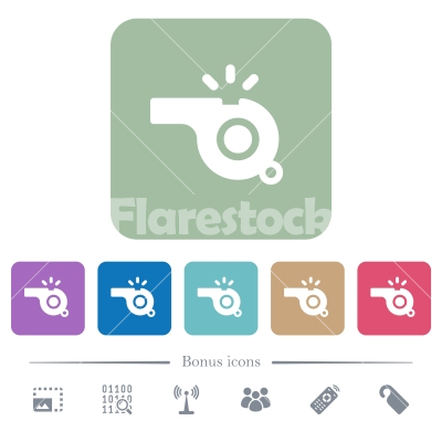 Whistle flat icons on color rounded square backgrounds - Whistle white flat icons on color rounded square backgrounds. 6 bonus icons included - Free stock vector