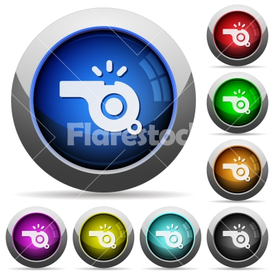 Whistle round glossy buttons - Whistle icons in round glossy buttons with steel frames